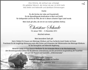 Traueranzeige von Christine Schade von Südthüringer Presse