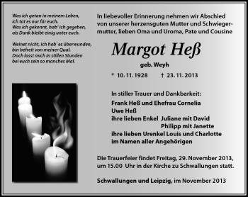 Traueranzeige von Margot Heß von Südthüringer Presse