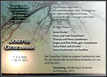 Traueranzeige von Josefus Geiselmann von Südthüringer Presse