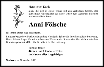 Traueranzeige von Anni Fölsche von Südthüringer Presse