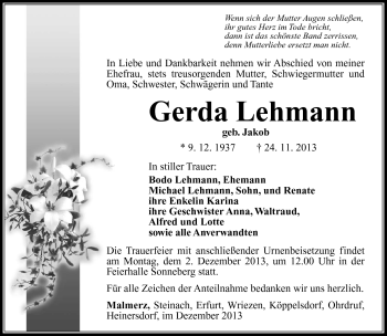 Traueranzeige von Gerda Lehmann von Südthüringer Presse