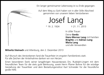 Traueranzeige von Josef Lang von Neue Presse Coburg