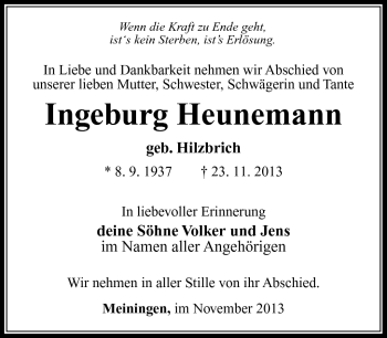 Traueranzeige von Ingeburg Heunemann von Südthüringer Presse