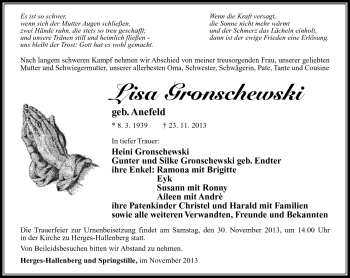 Traueranzeige von Lisa Gronschewski von Südthüringer Presse