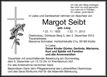 Traueranzeige von Margot Seibt von Frankenpost