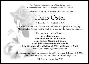 Traueranzeige von Hans Oster von Südthüringer Presse