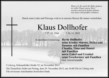 Traueranzeige von Klaus Dollhofer von Neue Presse Coburg