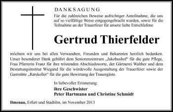 Traueranzeige von Gertrud Thierfelder von Südthüringer Presse