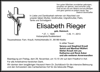Traueranzeige von Elisabeth Rieger von Frankenpost
