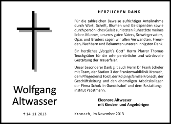 Traueranzeige von Wolfgang Altwasser von Neue Presse Coburg