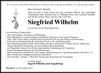 Traueranzeige von Siegfried Wilhelm von Südthüringer Presse