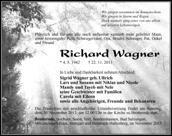 Traueranzeige von Richard Wagner von Südthüringer Presse