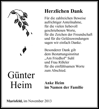Traueranzeige von Günter Heim von Südthüringer Presse