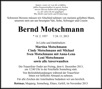Traueranzeige von Bernd Motschmann von Südthüringer Presse
