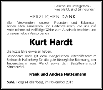 Traueranzeige von Kurt Hardt von Südthüringer Presse