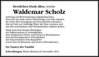 Traueranzeige von Waldemar Scholz von Südthüringer Presse