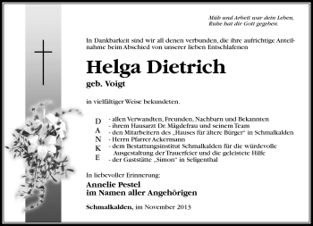 Traueranzeige von Helga Dietrich von Südthüringer Presse