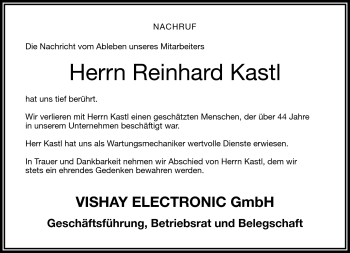 Traueranzeige von Reinhardt Kastl von Frankenpost