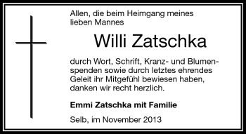 Traueranzeige von Willi Zatschka von Frankenpost
