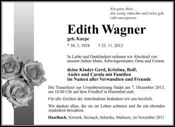 Traueranzeige von Edith Wagner von Südthüringer Presse