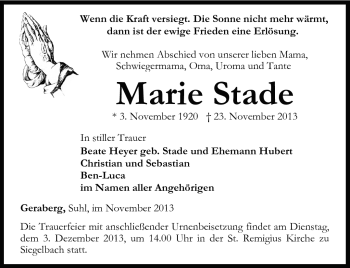 Traueranzeige von Marie Stade von Südthüringer Presse