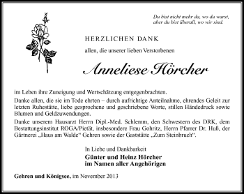 Traueranzeige von Anneliese Hörcher von Südthüringer Presse