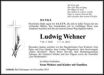 Traueranzeige von Ludwig Wehner von Südthüringer Presse