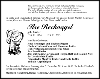 Traueranzeige von Ilse Recknagel von Südthüringer Presse