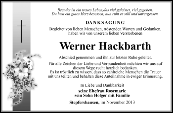 Traueranzeige von Werner Hackbarth von Südthüringer Presse