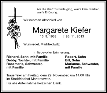 Traueranzeige von Margarete Kiefer von Frankenpost