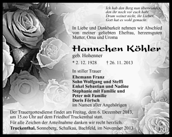 Traueranzeige von Hannchen Köhler von Südthüringer Presse
