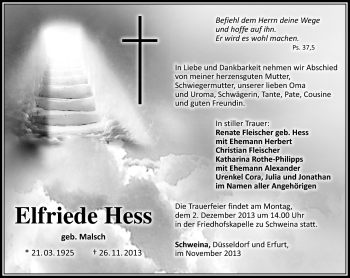 Traueranzeige von Elfriede Hess von Südthüringer Presse