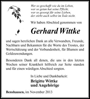 Traueranzeige von Gerahrd Wittke von Südthüringer Presse