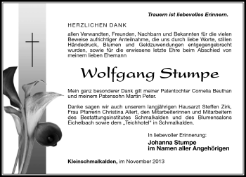 Traueranzeige von Wolfgang Stumpe von Südthüringer Presse