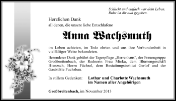 Traueranzeige von Anna Wachsmuth von Südthüringer Presse