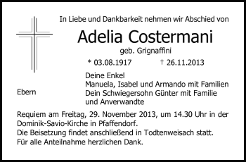 Traueranzeige von Adelia Costermani von Neue Presse Coburg