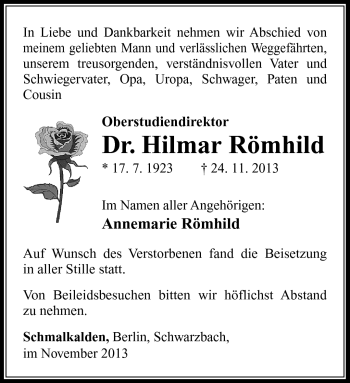 Traueranzeige von Hilmar Römhild von Südthüringer Presse