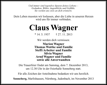 Traueranzeige von Claus Wagner von Südthüringer Presse