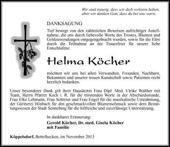 Traueranzeige von Helma Köcher von Südthüringer Presse