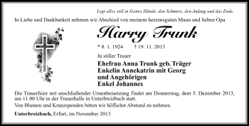 Traueranzeige von Harry Trunk von Südthüringer Presse