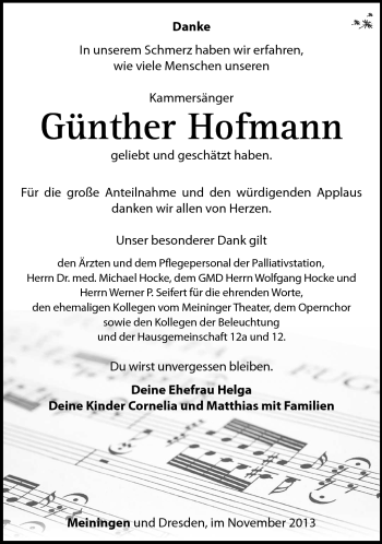 Traueranzeige von Günther Hofmann von Südthüringer Presse