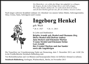 Traueranzeige von Ingeborg Henkel von Südthüringer Presse