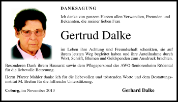 Traueranzeige von Gertrud Dalke von Neue Presse Coburg