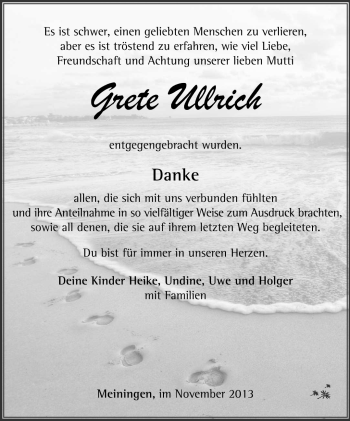 Traueranzeige von Grete Ullrich von Südthüringer Presse