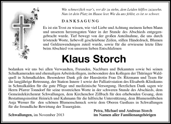 Traueranzeige von Klaus Storch von Südthüringer Presse