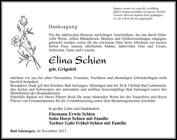 Traueranzeige von Elina Schien von Südthüringer Presse