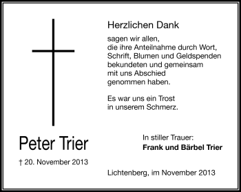 Traueranzeige von Peter Trier von Frankenpost