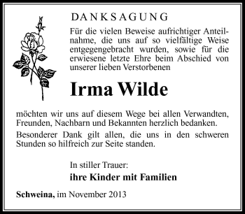 Traueranzeige von Irma Wilde von Südthüringer Presse