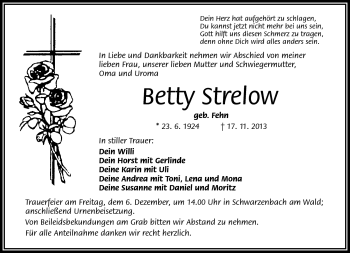 Traueranzeige von Betty Strelow von Frankenpost