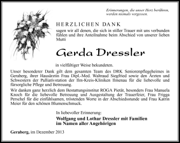 Traueranzeige von Gerda Dressler von Südthüringer Presse